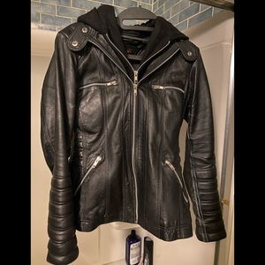 Leather jacket with detachable hood